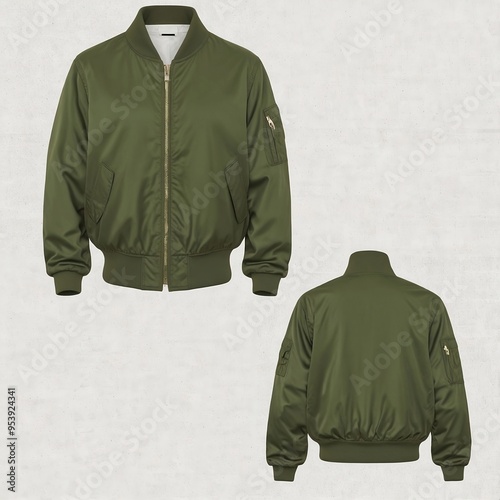 Olive green bomber jacket, mock up template, front and back view, isolated on white, plain Olive green bomber jacket,. Olive green bomber jacket, design presentation for print

