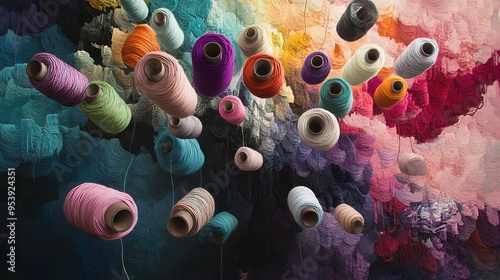 Colorful Yarn Spools Hanging Against a Textured Wall