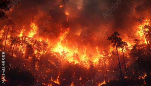 A dramatic scene of wildfire engulfing a forest, with flames and smoke creating an intense and urgent atmosphere.