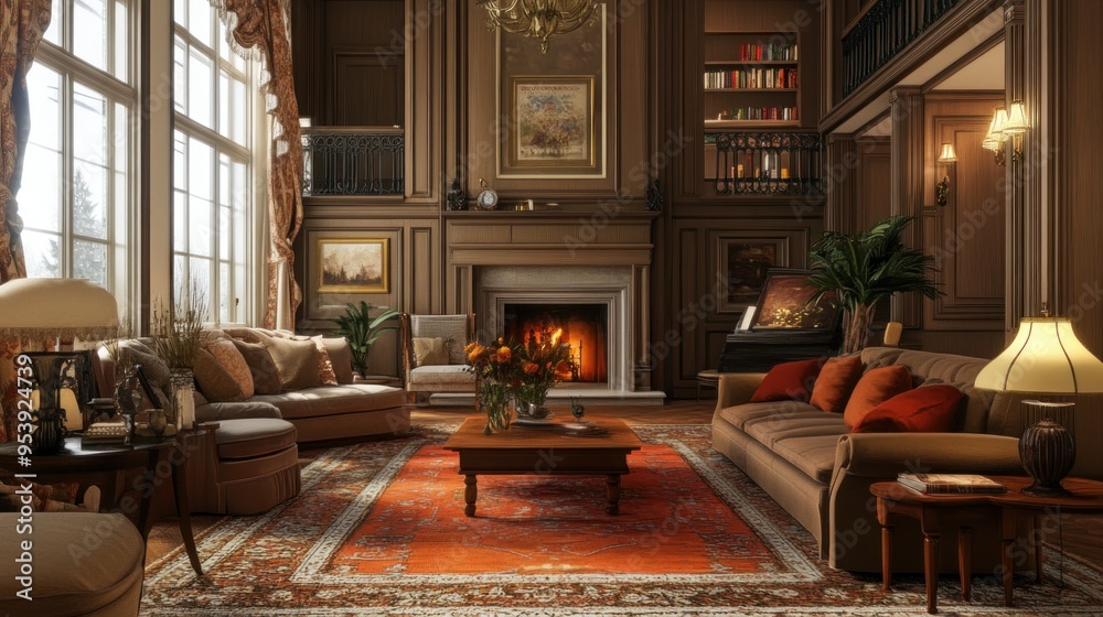 Cozy Living Room with Fireplace, Ornate Furnishings, and a Red Rug Cozy Living Room with Fireplace, Ornate Furnishings, and a Red Rug