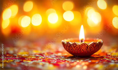 Festive greeting background with diya (oil lamp) on the blurry background with bokeh. llustration for Diwali. Gudi Padwa. Ugadi festival in India. Marathi new year concept photo