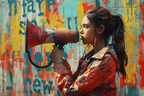 Young woman passionately speaking into a weathered red megaphone against a vibrant, graffitied urban wall with colorful typographywoman