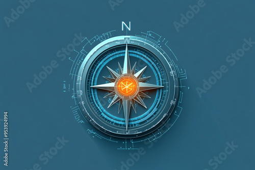 highly detailed digital compass with a glowing orange center on a dark blue background, representing modern navigation technology
