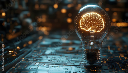 A glowing light bulb with a brain design, symbolizing innovation and technology against a futuristic circuit board background.