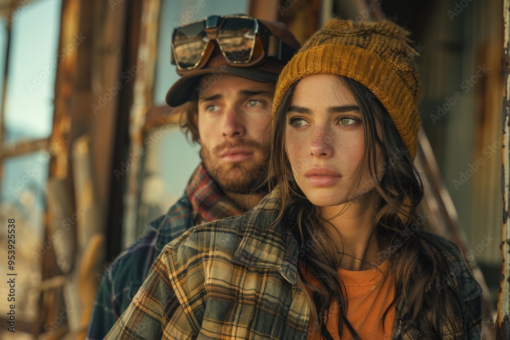 Young couple dressed in rugged outfits with winter hats and flannel shirts standing together outdoors in an industrial setting with reflective gogglescouple Young couple dressed in rugged outfits with winter hats and flannel shirts standing together outdoors in an industrial setting with reflective gogglescouple