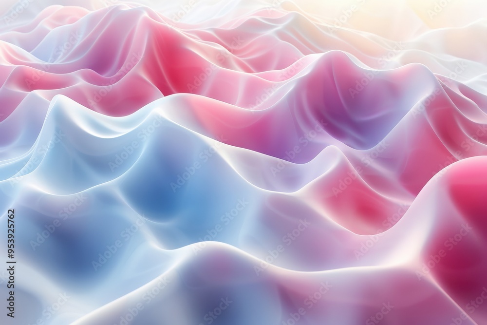 Fototapeta premium Colorful Abstract Wave-Like Pattern with Smooth Gradient Transitions of Red, Pink, Blue and White Hues Resembling Soft Undulating Fabric in Fluid MotionAbstract