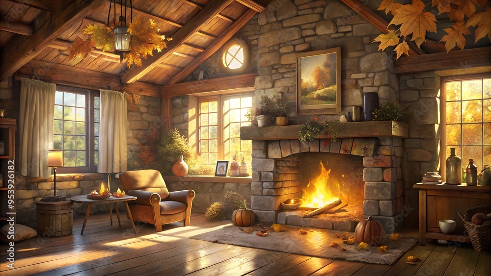 Cozy Rustic Cabin Interior with Fireplace in Autumn
Cozy Rustic Cabin Interior with Fireplace in Autumn