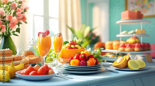 A colorful brunch table featuring 3D-rendered fresh fruits vegetables and pastries