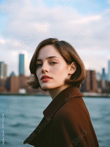A woman standing in front of a body of water with a city in the background