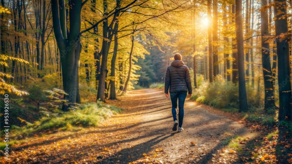Fototapeta premium Man Walking Alone on Sunlit Autumn Path in Forest 