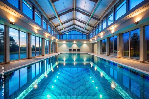 A large indoor pool with a blue water and lights