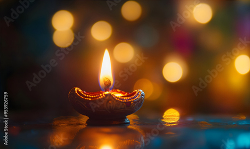 Festive greeting background with diya (oil lamp) on the blurry background with bokeh. llustration for Diwali. Gudi Padwa. Ugadi festival in India. Marathi new year concept photo