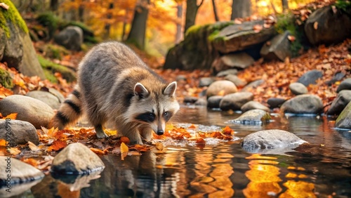 Raccoon Exploring Rocky Creek in Autumn Forest
 photo