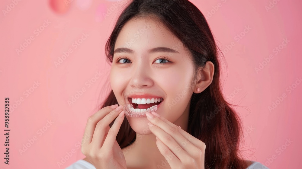 Dental invisible braces, beautiful smiling Asian young woman holding invisalign braces, wearing orthodontic silicone trainer, white smile using invisible whitening tray. Stomatology, dental healthcare Dental invisible braces, beautiful smiling Asian young woman holding invisalign braces, wearing orthodontic silicone trainer, white smile using invisible whitening tray. Stomatology, dental healthcare