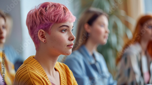 NON BINARY teenagers at group meeting with psychologist, support group, bullying at school. 