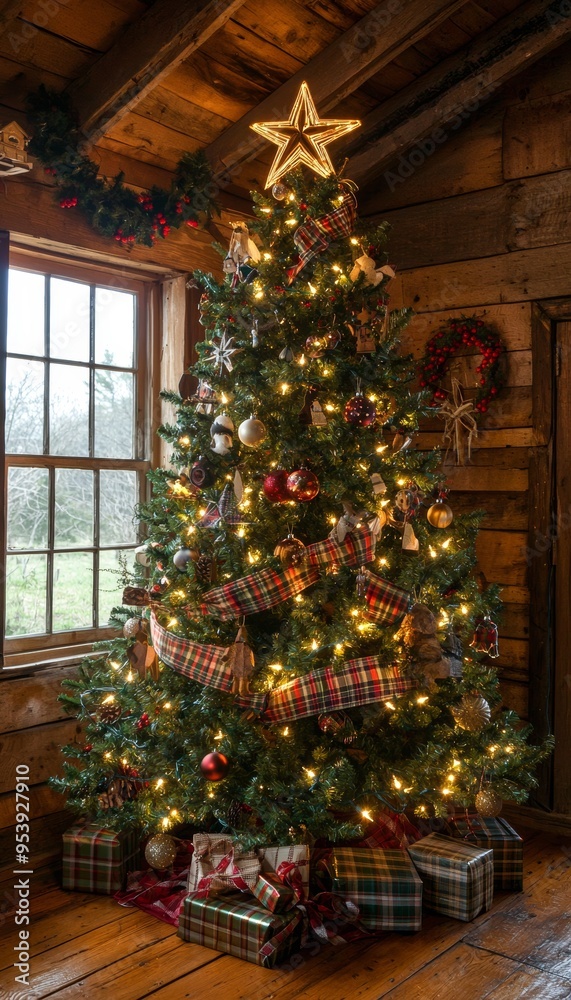 Rustic Christmas Tree in Wooden Cabin with Plaid Ribbons and Handmade Decorations Rustic Christmas Tree in Wooden Cabin with Plaid Ribbons and Handmade Decorations