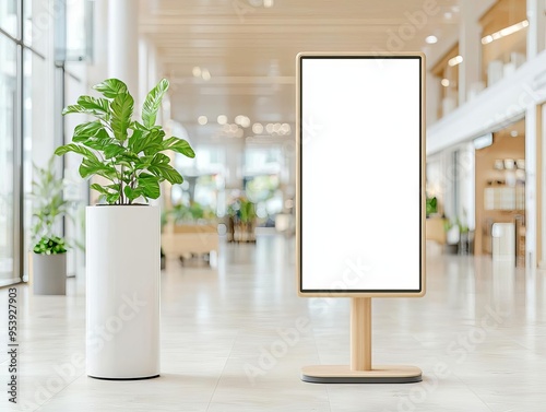 Digital signage on a freestanding pole, blank screen in a retail setting, ready for promotions, digital signage, store, blank display