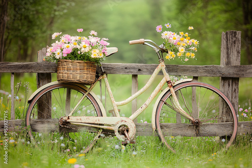 A vintage bicycle with baskets full of colorful flowers leans against a wooden fence in a lush green countryside setting