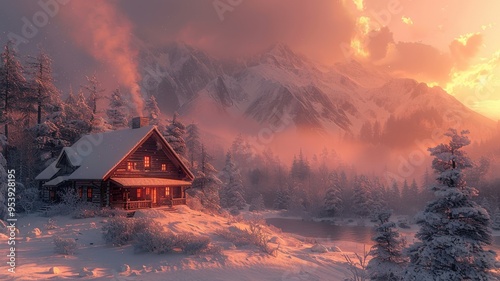 Cozy wooden cabin with illuminated windows nestled in a snowy winter forest at sunrise, with dramatic mountain landscape in the backgroundWinter photo