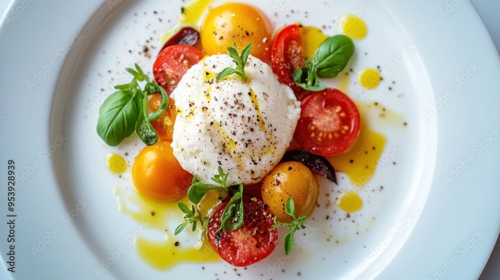 Caprese Salad with Burrata on a White Plate