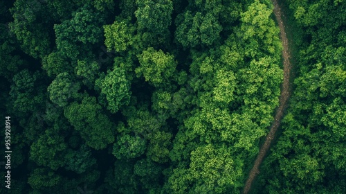 A high-quality stock image of a lush green forest with a walking trail on the right side, leaving space on the left for text. Perfect for nature themes, hiking, and outdoor adventures.