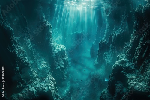 Mesmerizing underwater ocean canyon with beams of sunlight illuminating rocky cliffs and marine life in deep turquoise watersunderwater