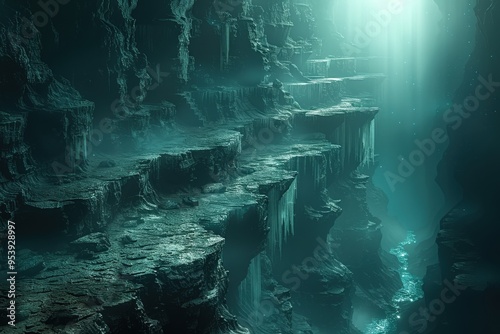 Cinematic underwater cavern with textured rock formations, mystical light beams, and ethereal ambiance in deep teal huesUnderwater cavern