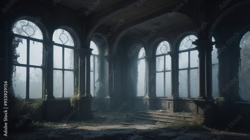 A grand, decaying mansion with tall, arched windows has faces or ghostly shapes appearing within the panes. The windows are foggy and cracked, and the faces seem to move A grand, decaying mansion with tall, arched windows has faces or ghostly shapes appearing within the panes. The windows are foggy and cracked, and the faces seem to move