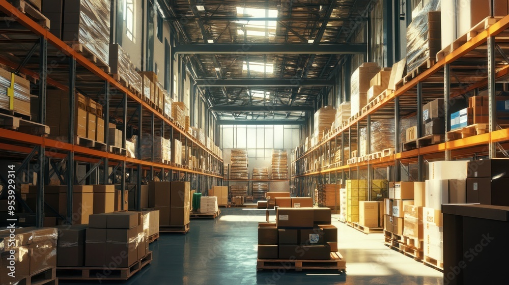 Industrial Warehouse with Pallets of Boxes and a Sunlit Interior Industrial Warehouse with Pallets of Boxes and a Sunlit Interior