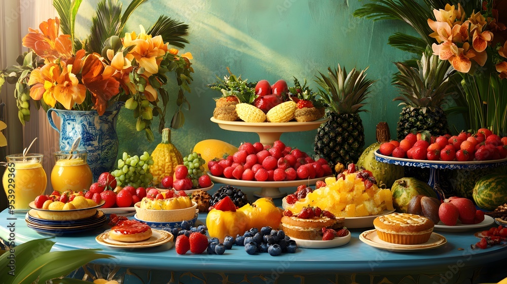 A colorful brunch table with 3D-rendered fresh produce and artisanal pastries A colorful brunch table with 3D-rendered fresh produce and artisanal pastries