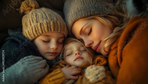 A warm, loving moment of a mother and her children sleeping peacefully in cozy knit hats, surrounded by soft blankets. photo