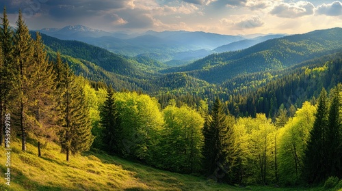 Forest spring landscape dense forest trees in the valley in sunny spring weather. Panorama of forest spring nature 