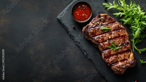 A high-quality stock image of a juicy grilled steak with garnish on the right side, leaving space on the left for text. Perfect for food menus, steakhouse promotions, and culinary displays. photo