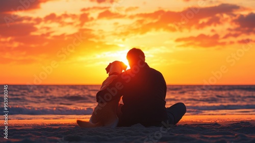 A man and his dog are sitting on the beach at sunset