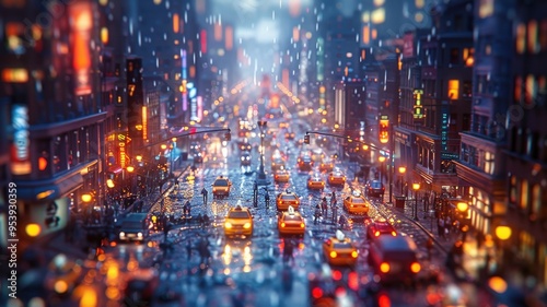 Vibrant New York City Street Scene at Night with Blurred Taxi Traffic, Colorful Neon Lights, and Urban Rain in Downtown Manhattan Vibrant