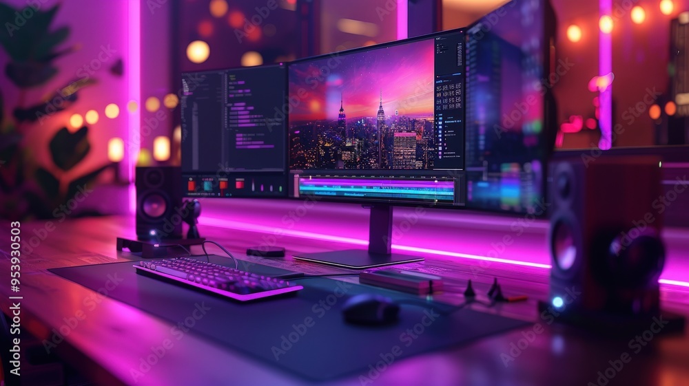 Modern Home Office Setup with Dual Monitors and Ambient Lighting Featuring Coding and Video Editing Software on Desk with Colorful Background LightingModern home office Modern Home Office Setup with Dual Monitors and Ambient Lighting Featuring Coding and Video Editing Software on Desk with Colorful Background LightingModern home office
