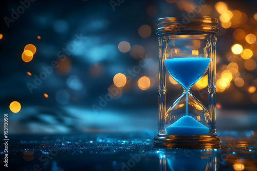 An artistic hourglass with blue sand set against a dreamy bokeh background, symbolizing time and contemplation.