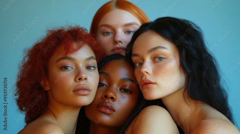 Fototapeta premium Four women with different hair colors and features are posing for a photo