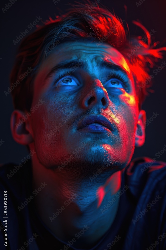 Expressive close-up of young man gazing upward with dramatic blue and red lighting, showcasing intense emotions and vivid contrastyouth