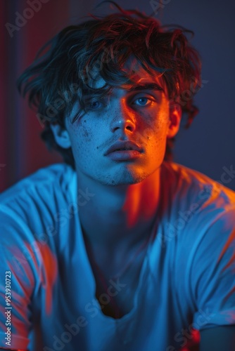 Young Man with Intense Gaze in Moody Lighting, Blue and Orange Neon Colors, Freckled Face, Tousled Hair, Emotional Portrait of Contemplationcontemplation