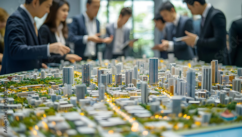 Business professionals analyze a detailed architectural model during a meeting, showcasing urban planning and development.