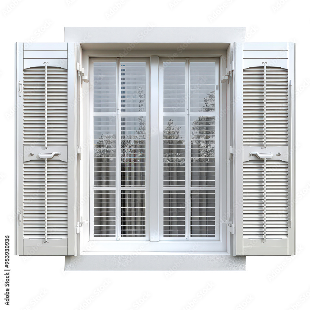 Fototapeta premium Elegant French Windows with Shutters - Architectural Element in Photorealistic Style on White Background