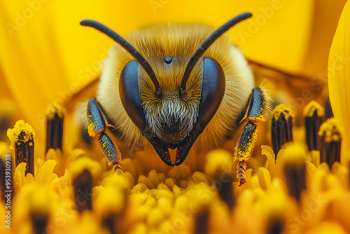 Close-up of a bee gathering pollen from vibrant yellow flower petals, showcasing intricate details and natural beauty. photo