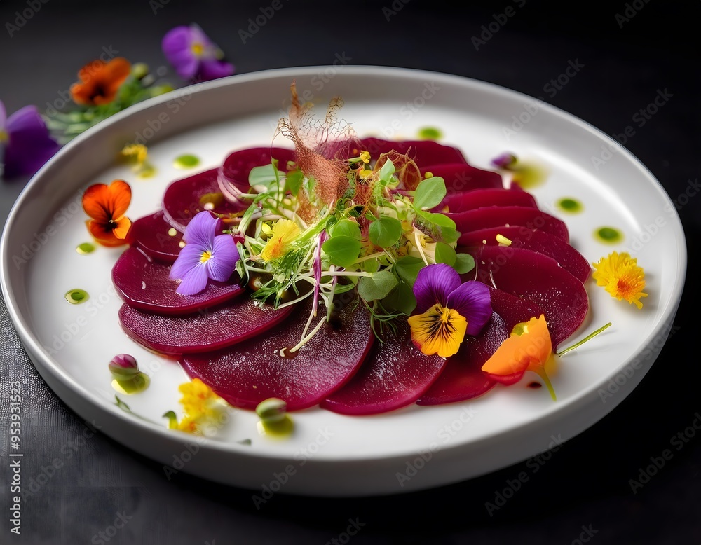 A beautifully arranged plate of vegan beetroot carpaccio with edible flowers, microgreens, and a drizzle of balsamic reduction. A beautifully arranged plate of vegan beetroot carpaccio with edible flowers, microgreens, and a drizzle of balsamic reduction.