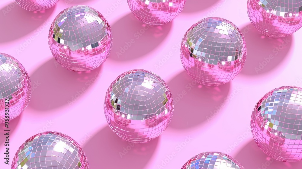 A row of shiny pink balls on a pink background A row of shiny pink balls on a pink background