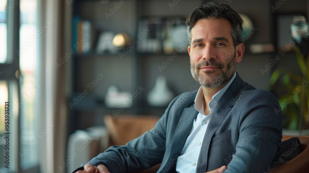 A man in a suit is sitting in a chair with a smile on his face A man in a suit is sitting in a chair with a smile on his face