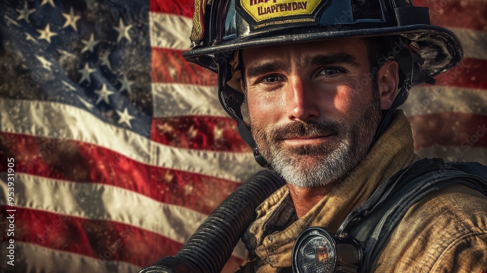 Courageous Firefighter Celebrating Labor Day with Patriotic Spirit and Flag in Background Courageous Firefighter Celebrating Labor Day with Patriotic Spirit and Flag in Background