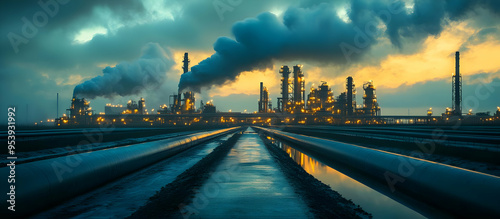 Dramatic industrial landscape showcasing a refinery at dusk with smoke and lights, highlighting energy production and urban development.