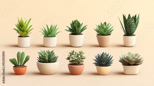 A Collection of Potted Succulents and Cacti on a Beige Background