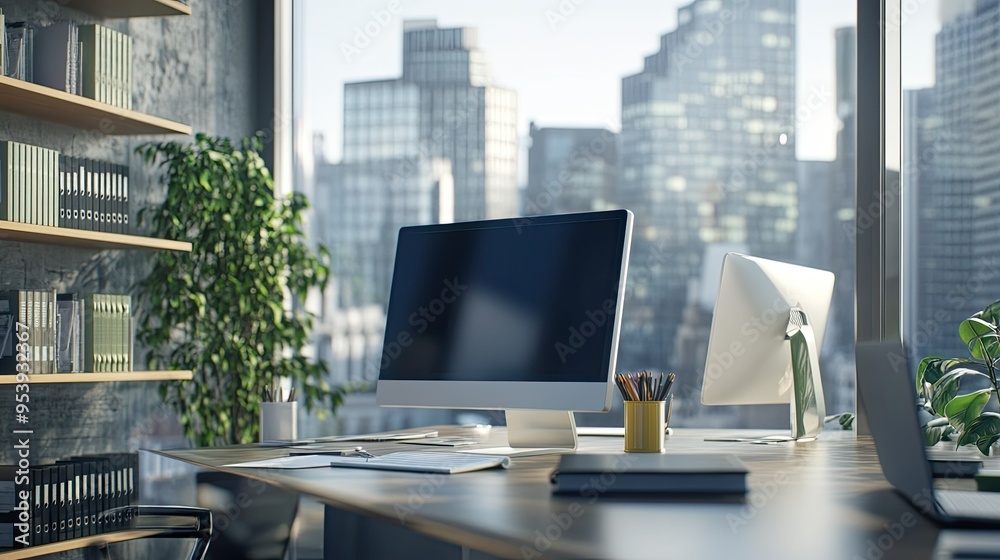 Modern coworking business interior with computers on table shelf with document and city view. Workplace and lifestyle concept. 3D Rendering Modern coworking business interior with computers on table shelf with document and city view. Workplace and lifestyle concept. 3D Rendering